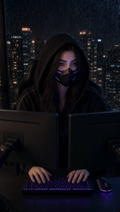Kahina, front-end developer, coding at a neon-lit keyboard in a dark cyberpunk workspace