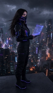 Kahina, front-end developer, holding a holographic interface on a rooftop overlooking a neon cyberpunk city at night