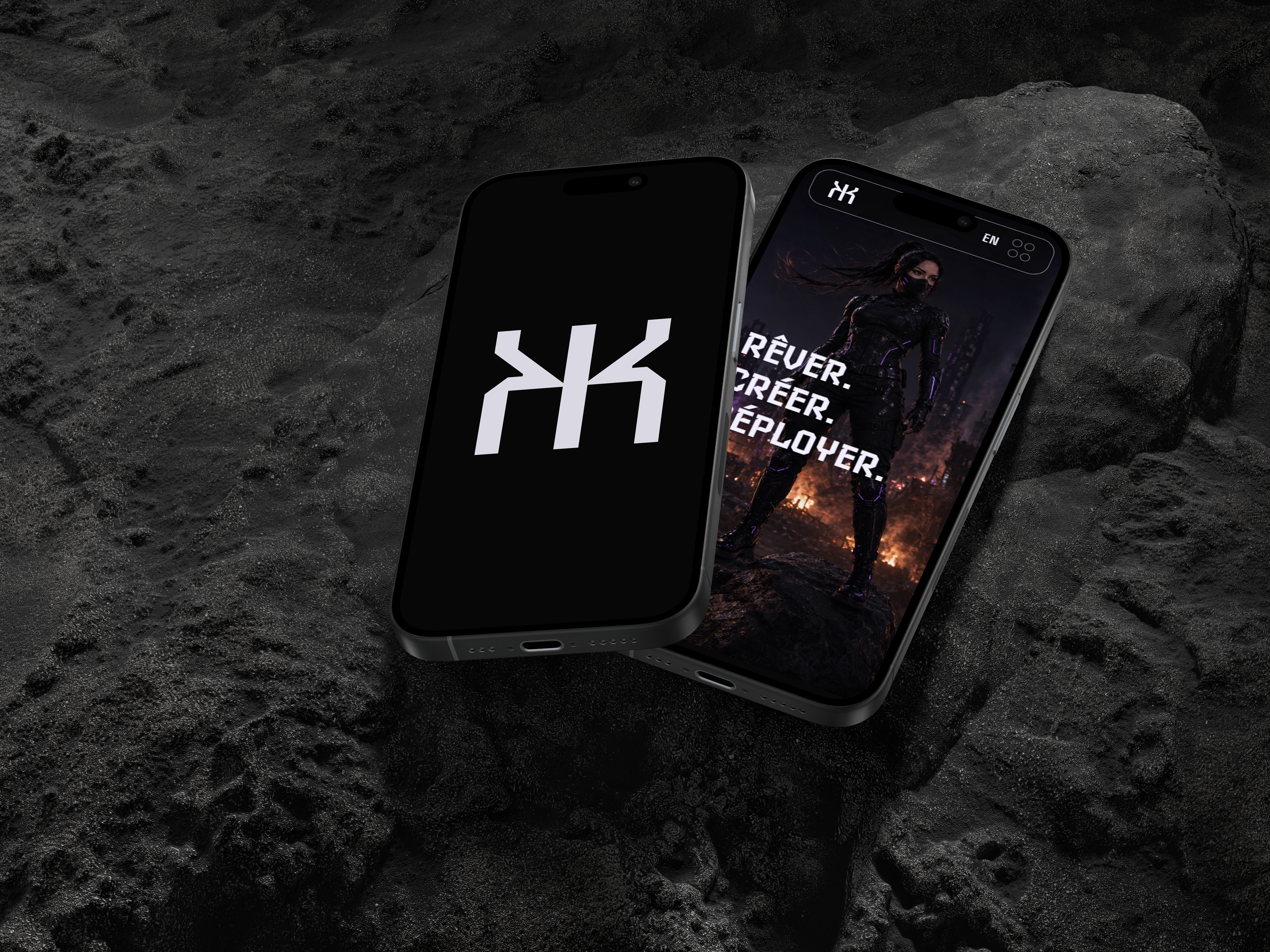 Mockup iPhone 15 Pro présentant le portfolio KahinaDev sur mobile