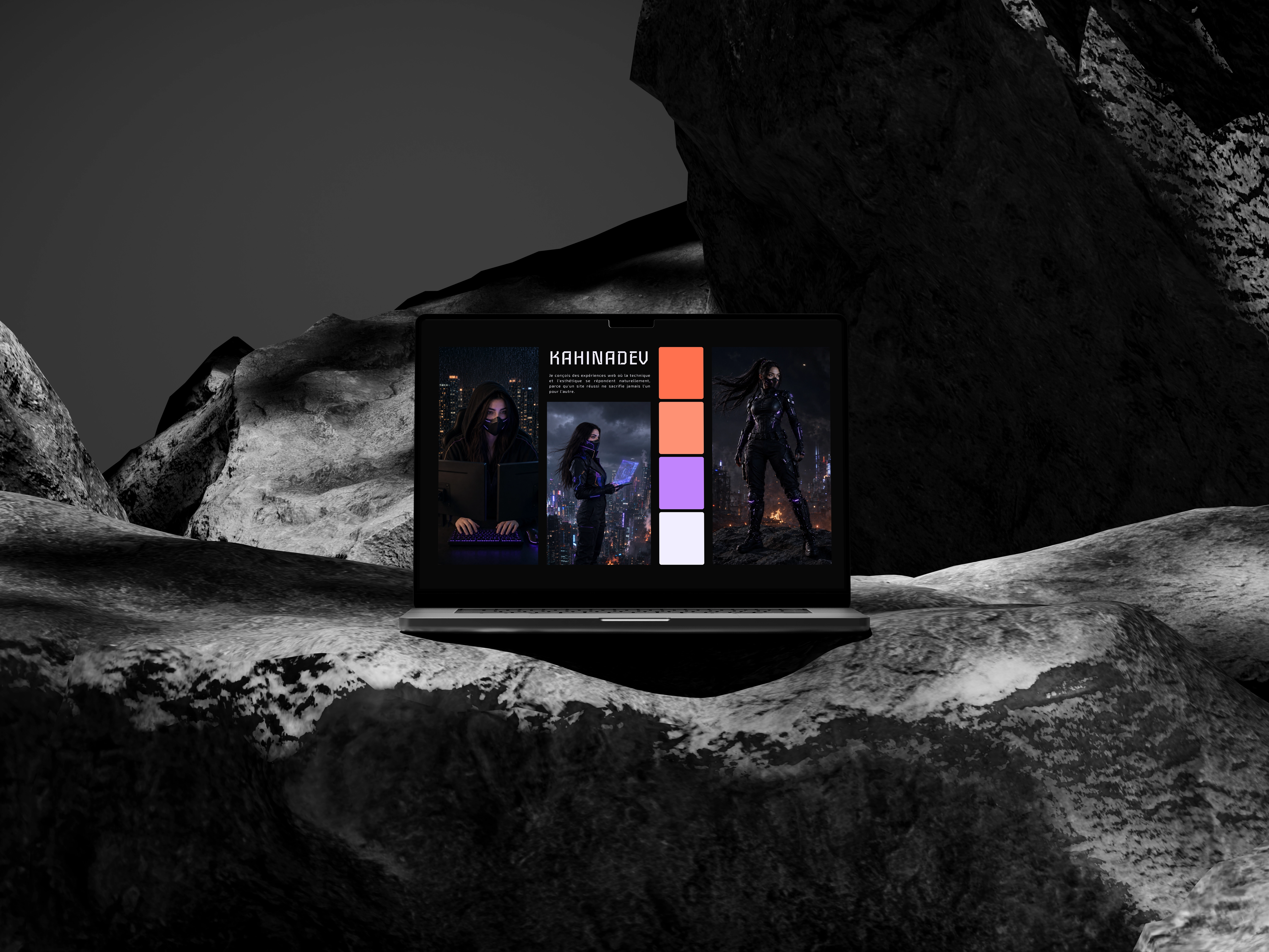Mockup laptop présentant le moodboard KahinaDev avec les visuels cyberpunk et la palette de couleurs